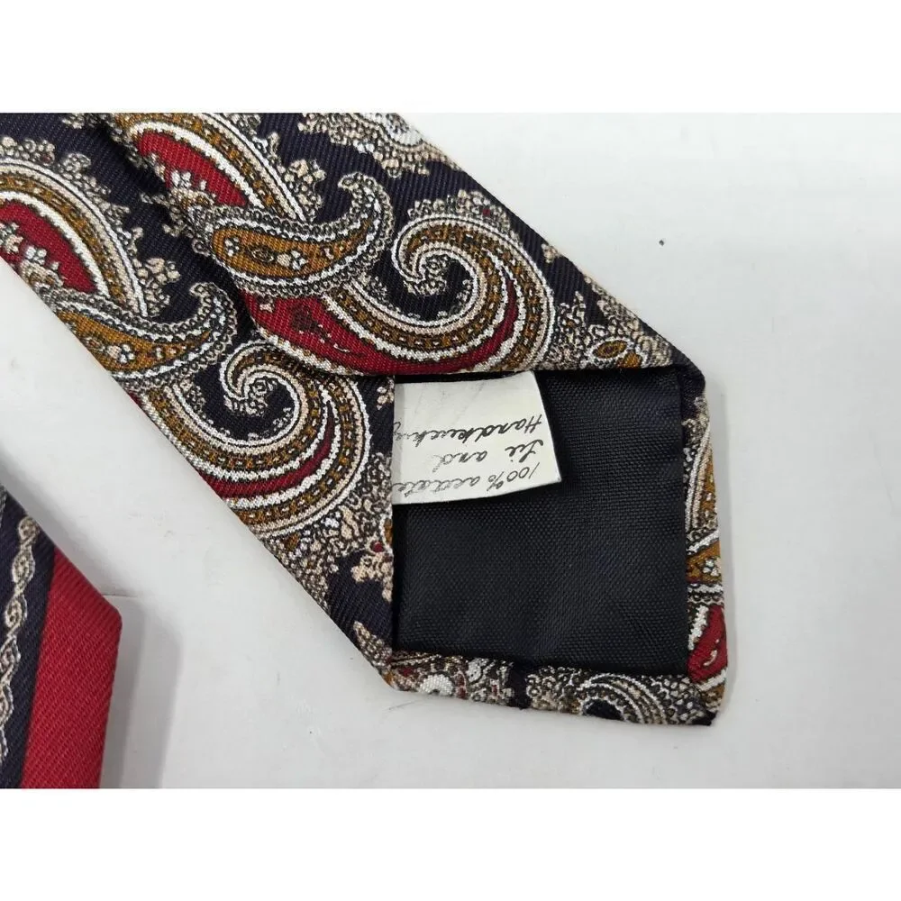 OSCAR DE LA RENTA ACETATE TIE RED BLACK GOLD PAISLEY SATIN 3.25